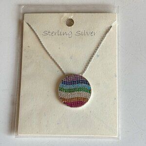 Sterling Silver Rainbow Circle Necklace – Pave Crystal Pendant – NEW in Packagin